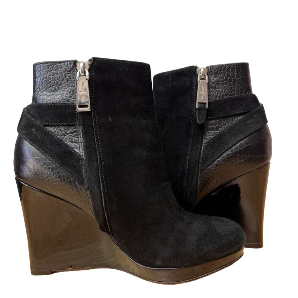 Cole Haan Bootie Womens 5.5 B Martina Wedge Ankle Black Suede Embossed Leather
